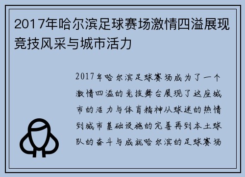 2017年哈尔滨足球赛场激情四溢展现竞技风采与城市活力