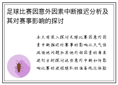 足球比赛因意外因素中断推迟分析及其对赛事影响的探讨