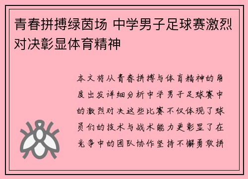 青春拼搏绿茵场 中学男子足球赛激烈对决彰显体育精神