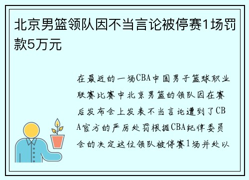 北京男篮领队因不当言论被停赛1场罚款5万元