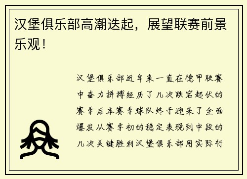 汉堡俱乐部高潮迭起，展望联赛前景乐观！