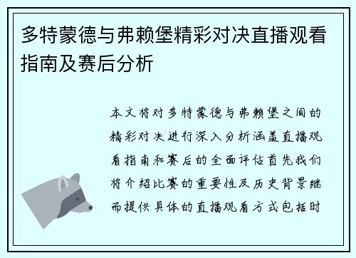 多特蒙德与弗赖堡精彩对决直播观看指南及赛后分析