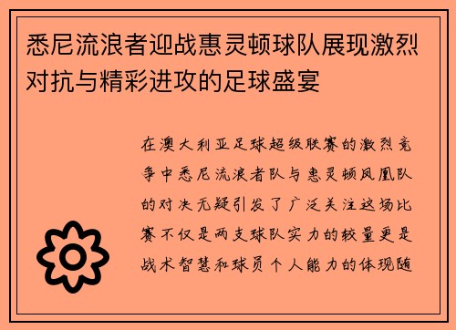 悉尼流浪者迎战惠灵顿球队展现激烈对抗与精彩进攻的足球盛宴
