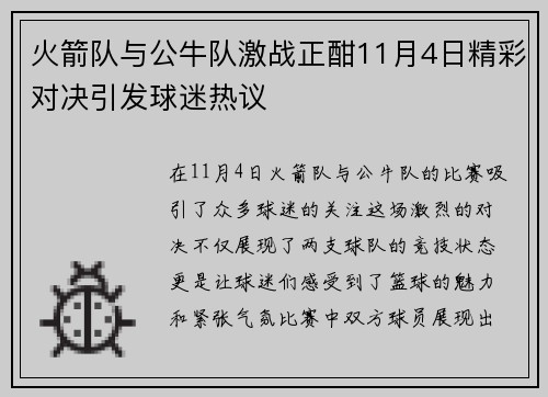 火箭队与公牛队激战正酣11月4日精彩对决引发球迷热议