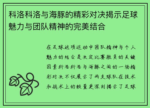 科洛科洛与海豚的精彩对决揭示足球魅力与团队精神的完美结合