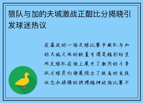 狼队与加的夫城激战正酣比分揭晓引发球迷热议