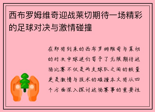 西布罗姆维奇迎战莱切期待一场精彩的足球对决与激情碰撞