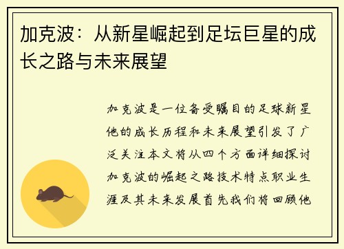 加克波：从新星崛起到足坛巨星的成长之路与未来展望