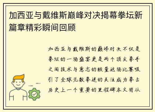 加西亚与戴维斯巅峰对决揭幕拳坛新篇章精彩瞬间回顾