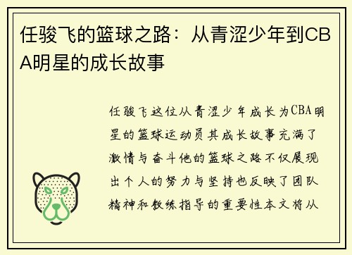 任骏飞的篮球之路：从青涩少年到CBA明星的成长故事