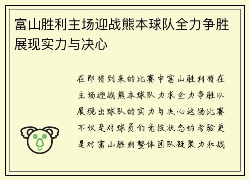 富山胜利主场迎战熊本球队全力争胜展现实力与决心