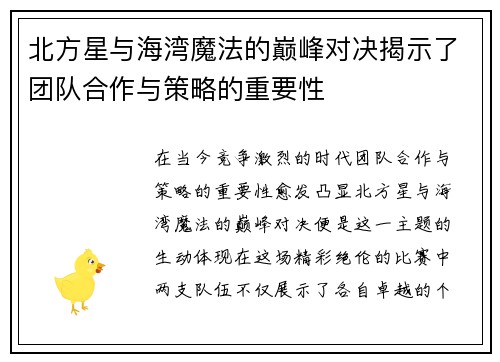 北方星与海湾魔法的巅峰对决揭示了团队合作与策略的重要性