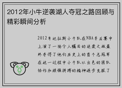 2012年小牛逆袭湖人夺冠之路回顾与精彩瞬间分析