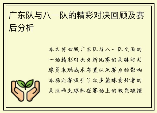 广东队与八一队的精彩对决回顾及赛后分析