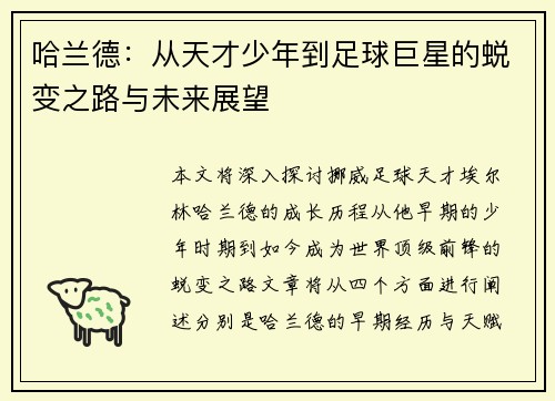 哈兰德：从天才少年到足球巨星的蜕变之路与未来展望