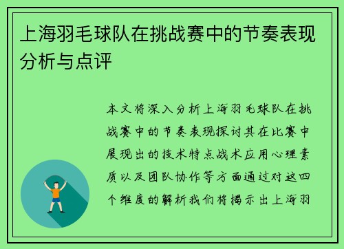 上海羽毛球队在挑战赛中的节奏表现分析与点评