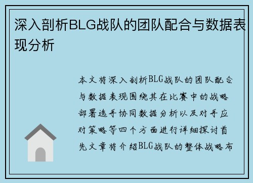 深入剖析BLG战队的团队配合与数据表现分析