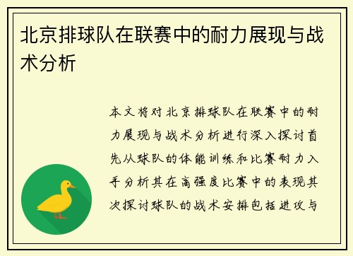 北京排球队在联赛中的耐力展现与战术分析