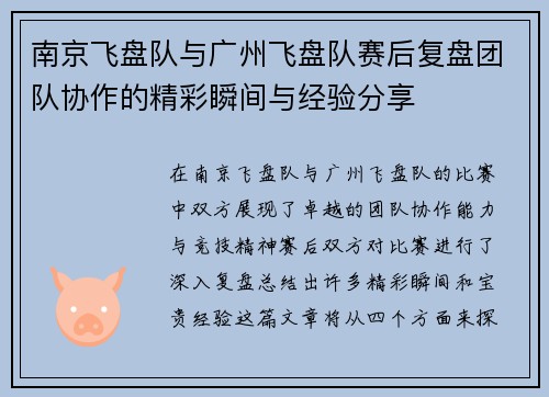 南京飞盘队与广州飞盘队赛后复盘团队协作的精彩瞬间与经验分享