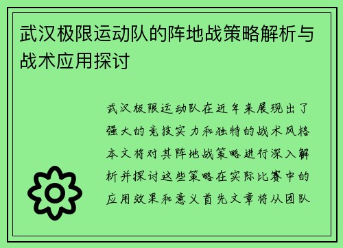 武汉极限运动队的阵地战策略解析与战术应用探讨
