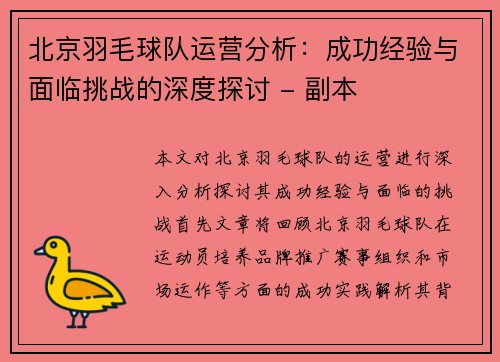 北京羽毛球队运营分析：成功经验与面临挑战的深度探讨 - 副本