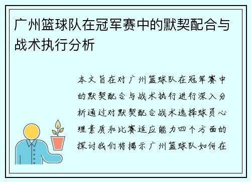 广州篮球队在冠军赛中的默契配合与战术执行分析