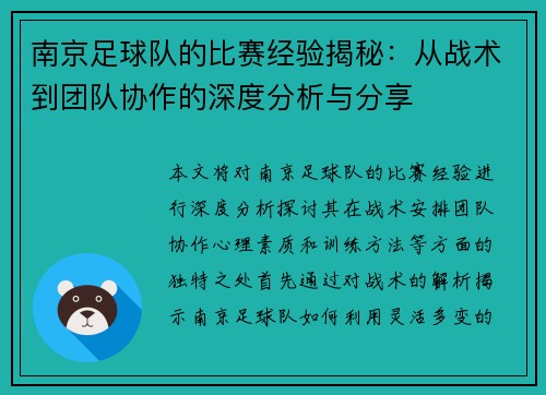 南京足球队的比赛经验揭秘：从战术到团队协作的深度分析与分享